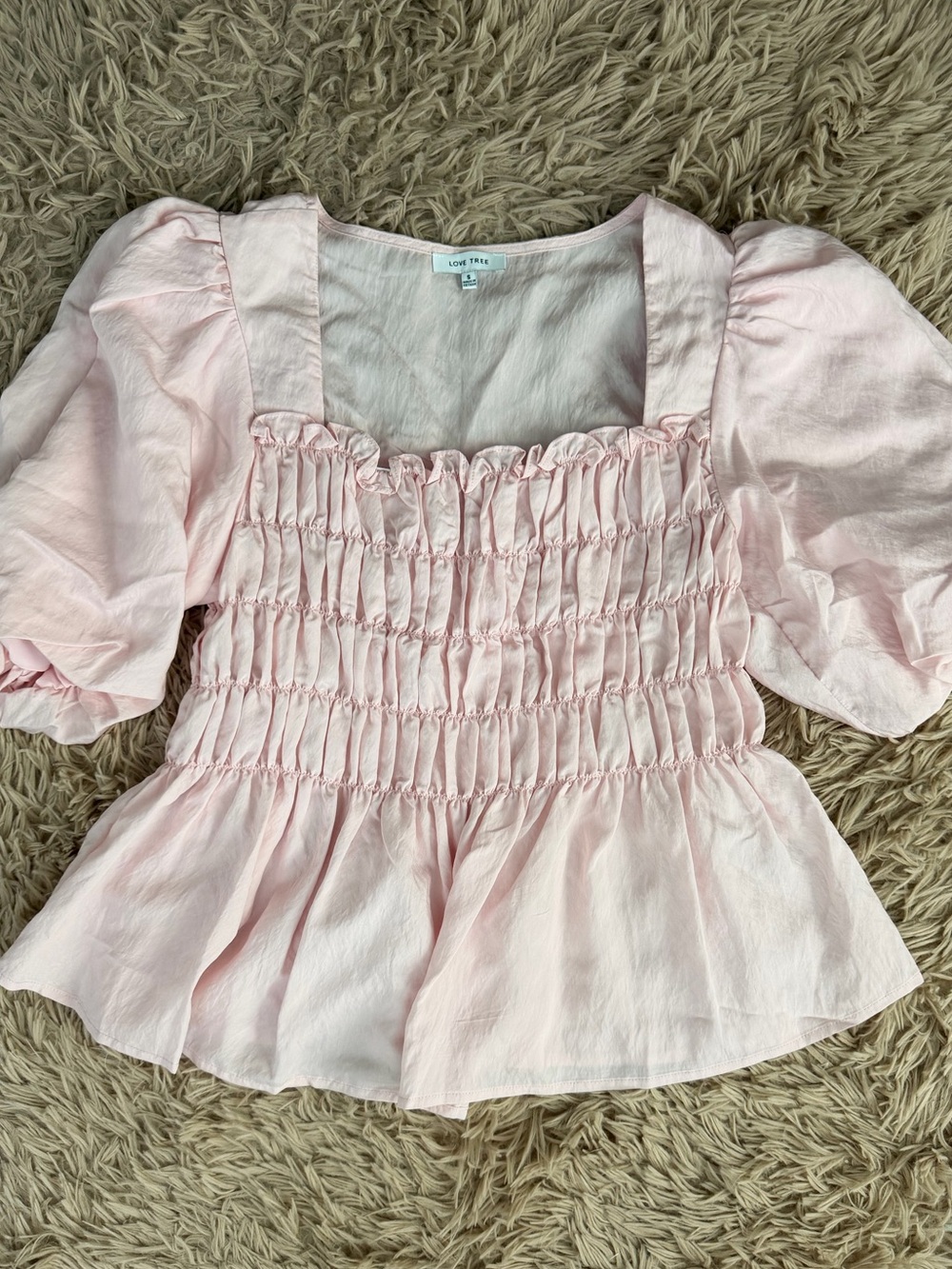 Love Tree Light Pink Smocked Puff-Sleeve Peplum Blouse